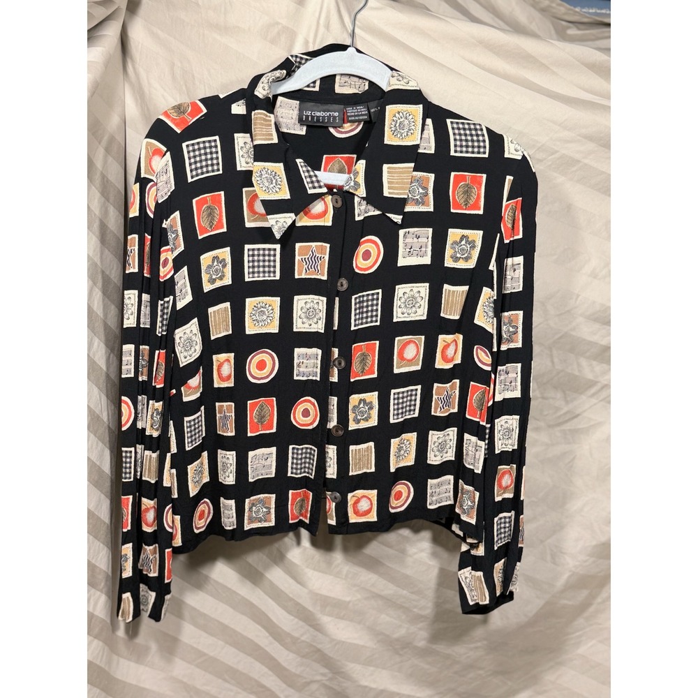 Liz Claiborne Vintage Rayon Button Up Blouse Music Art Print Black Multi Size 4
